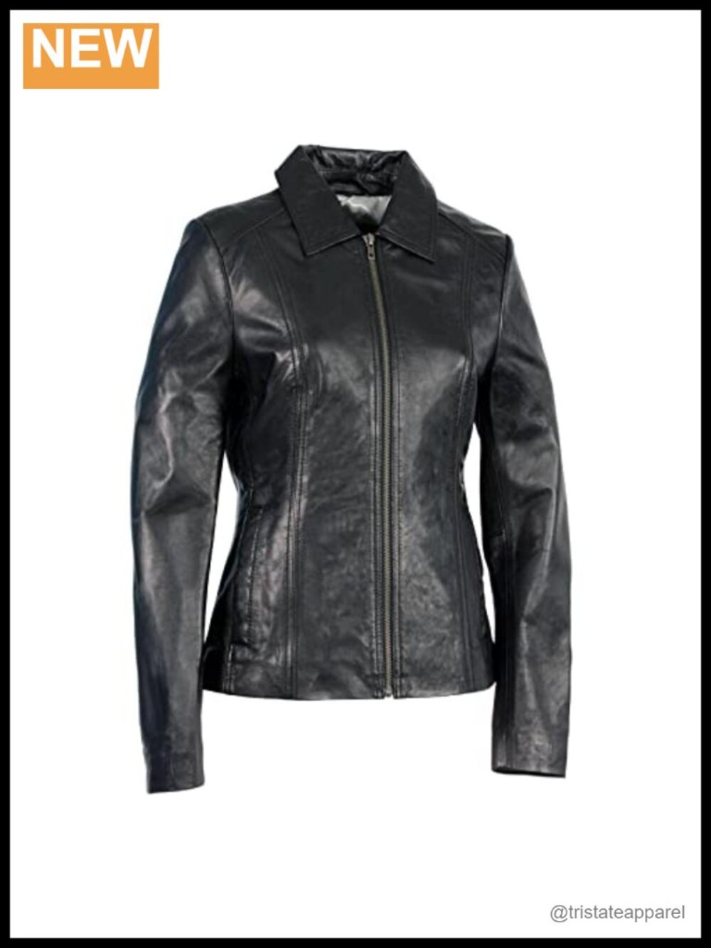 Women's Classic Black Leather Motorcycle Jacket with Shirt Collar